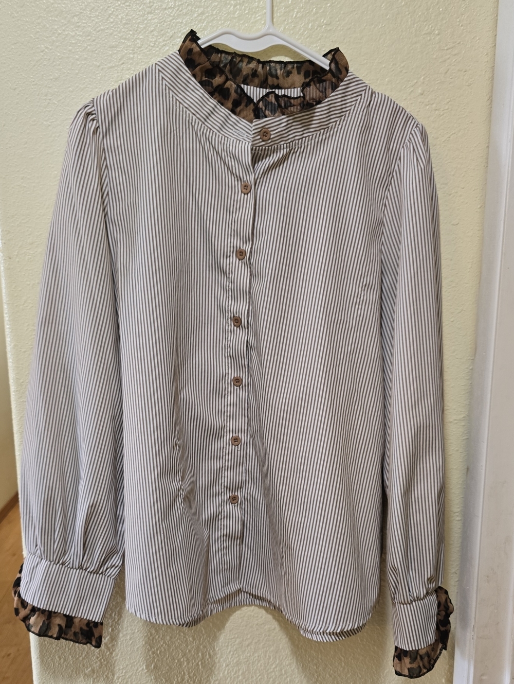 SHEIN White and Black Pinstripe Button-Down Blouse with Leopard Trim